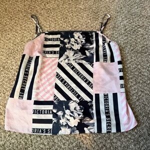 Victoria’s Secret Satin Cami Top Tank Floral Logo Baby Pink Black Patchwork